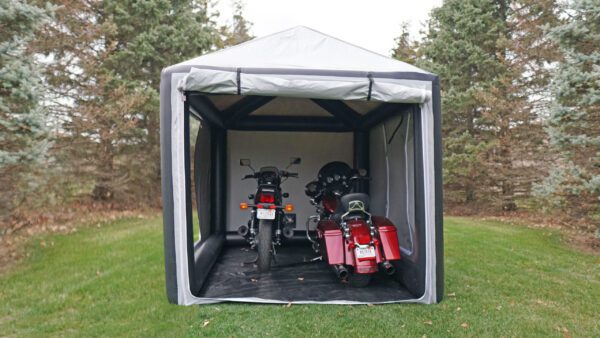 Fully inflatable 2 motorcycle all weather garage! Great for storage without moisture, rodents, or dust. Inflates in less than 5 minutes, keeps your loved bike, motorcycle, hog, chopper, or anything else safe forever!